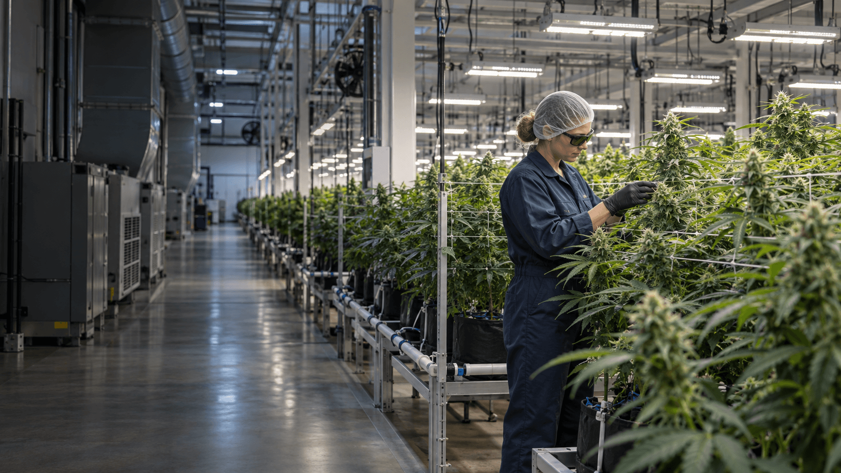 Technician inspecting cannabis plants in a licensed indoor cultivation room with lighting, irrigation, and climate equipment