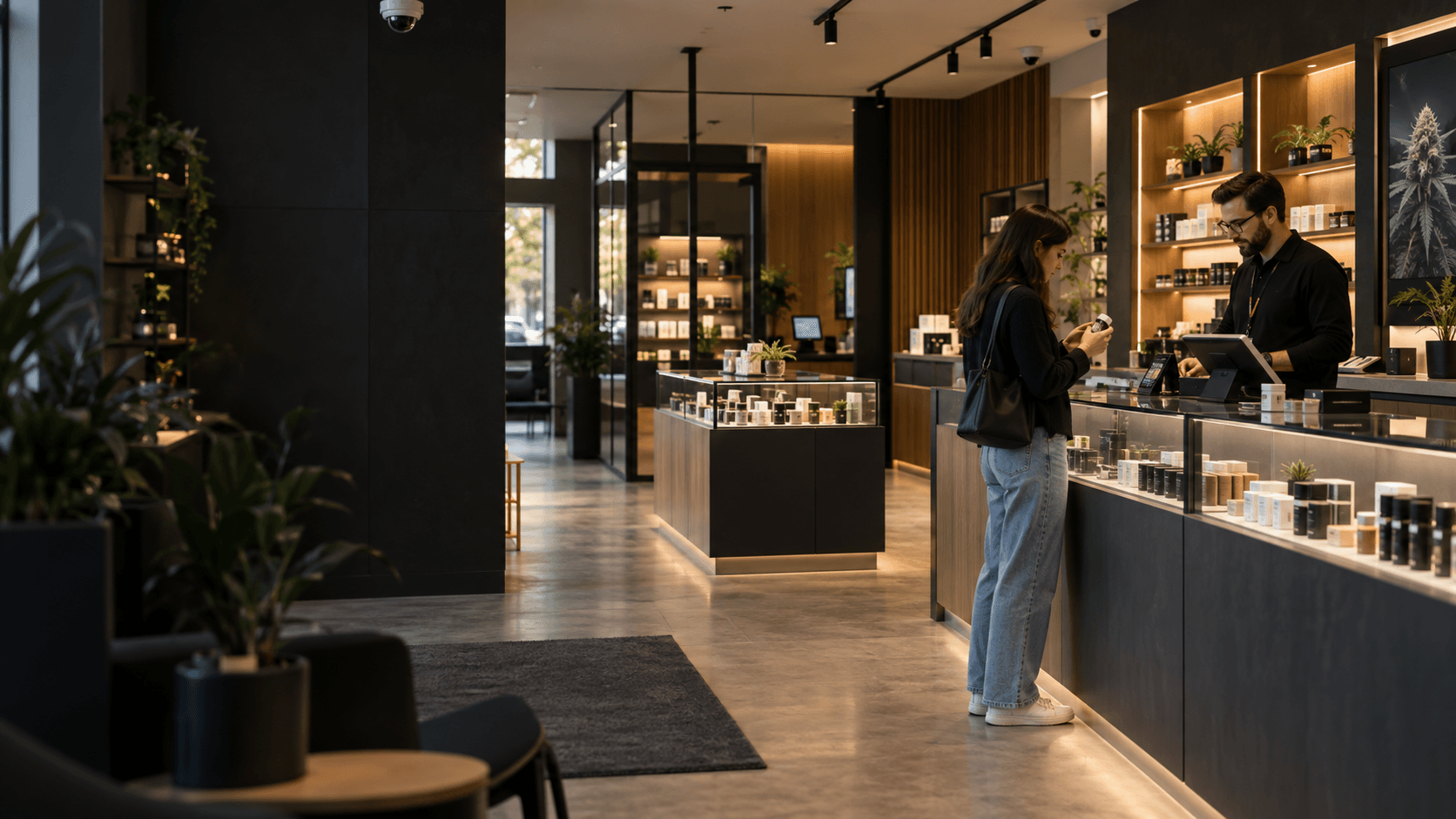 Customer and staff at the counter of an authorized cannabis retail store with packaged products, display cases, and in-store cameras