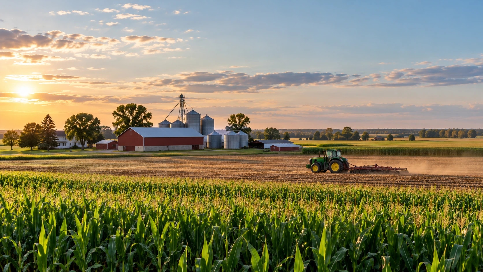 Cornfield, red barn with grain silos, and tractor working a field at golden hour