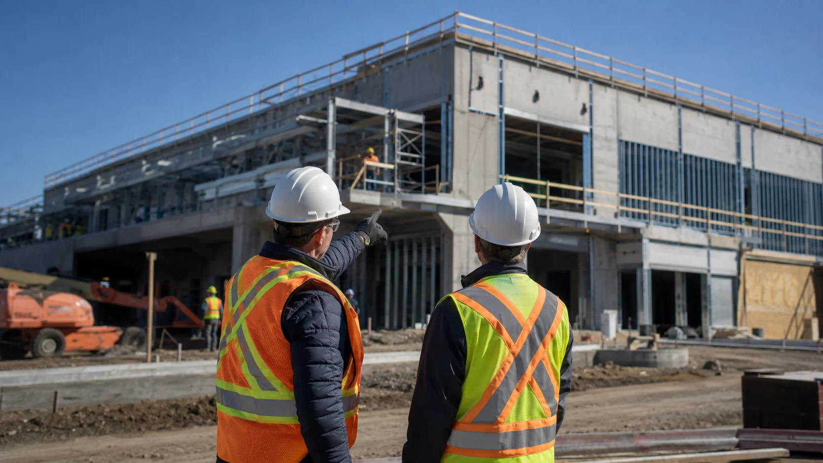 Construction supervisors reviewing a multi-story building project