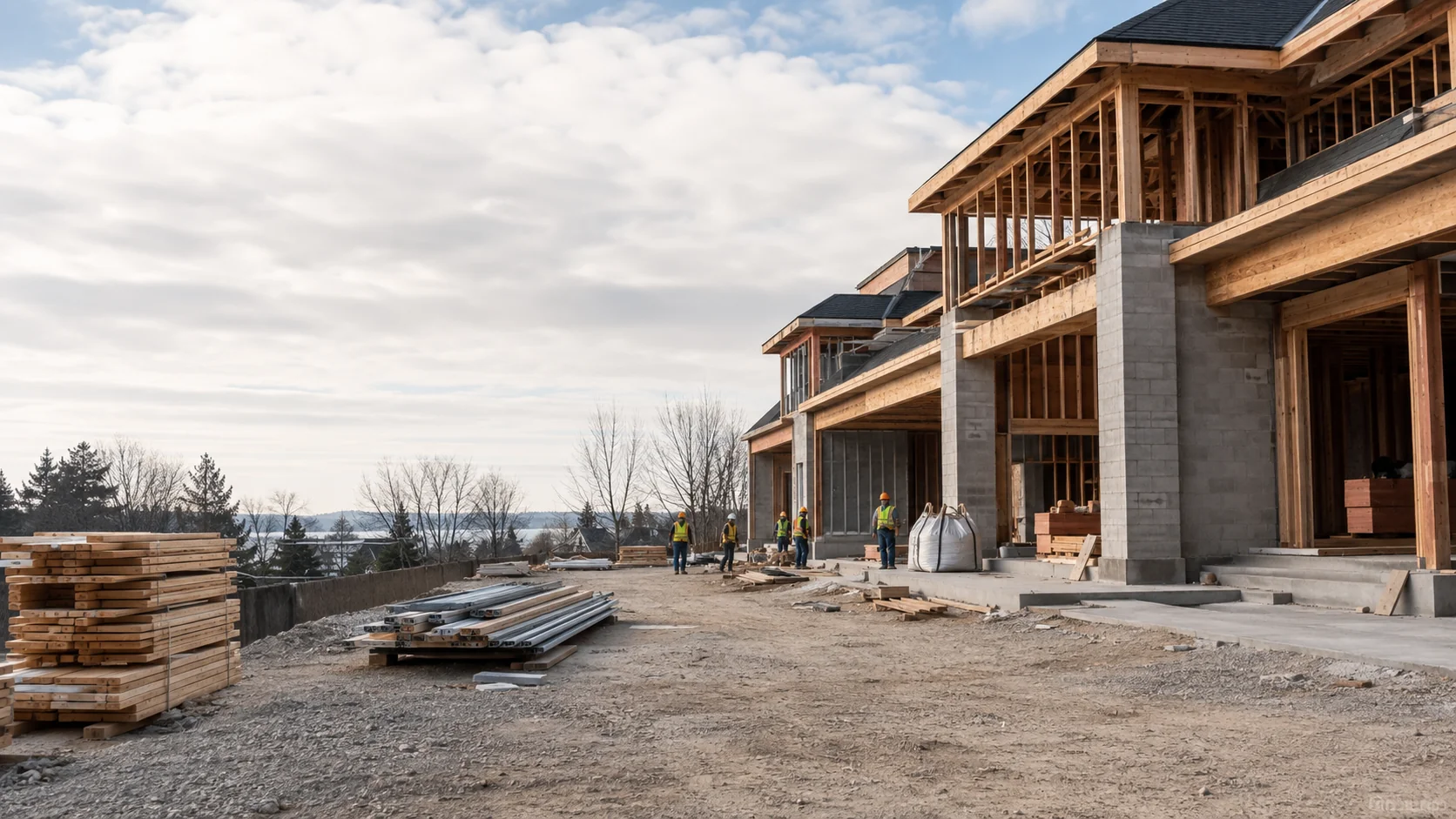 Multi-story building under construction with workers on site