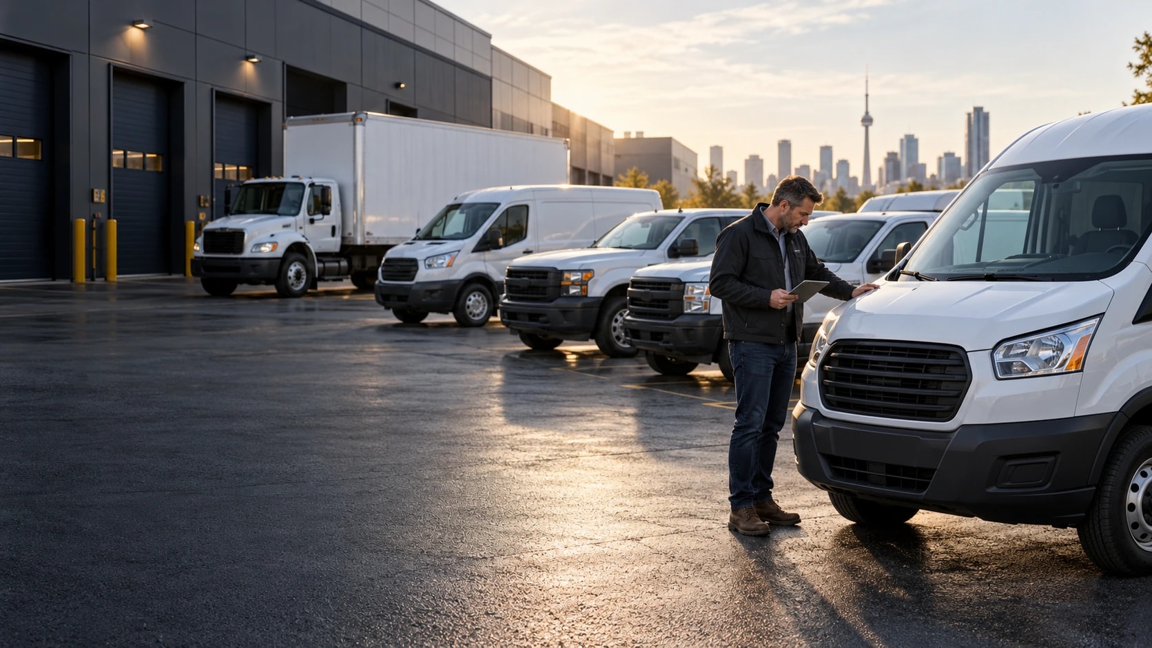 Fleet of commercial vehicles parked in lot