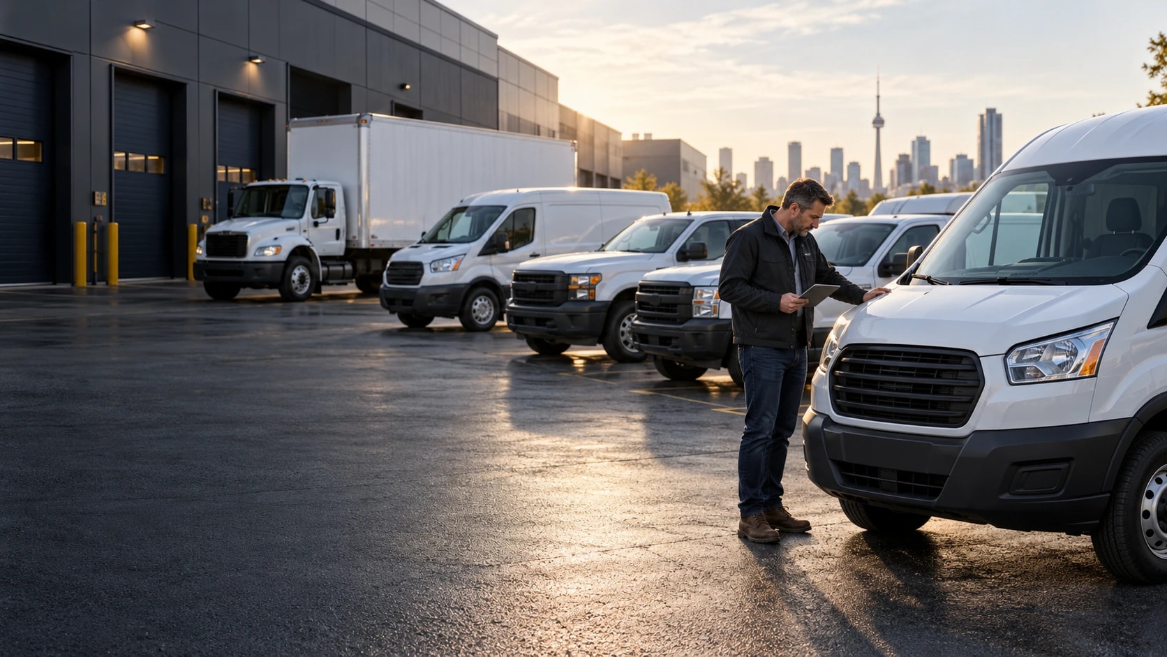 Fleet of commercial vehicles parked in lot