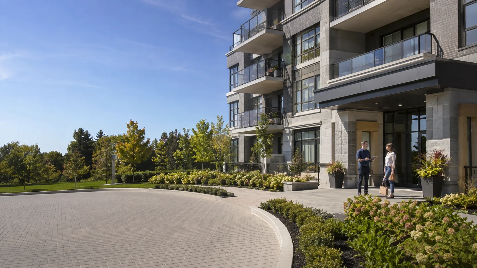 Modern condominium building with residents at the entrance