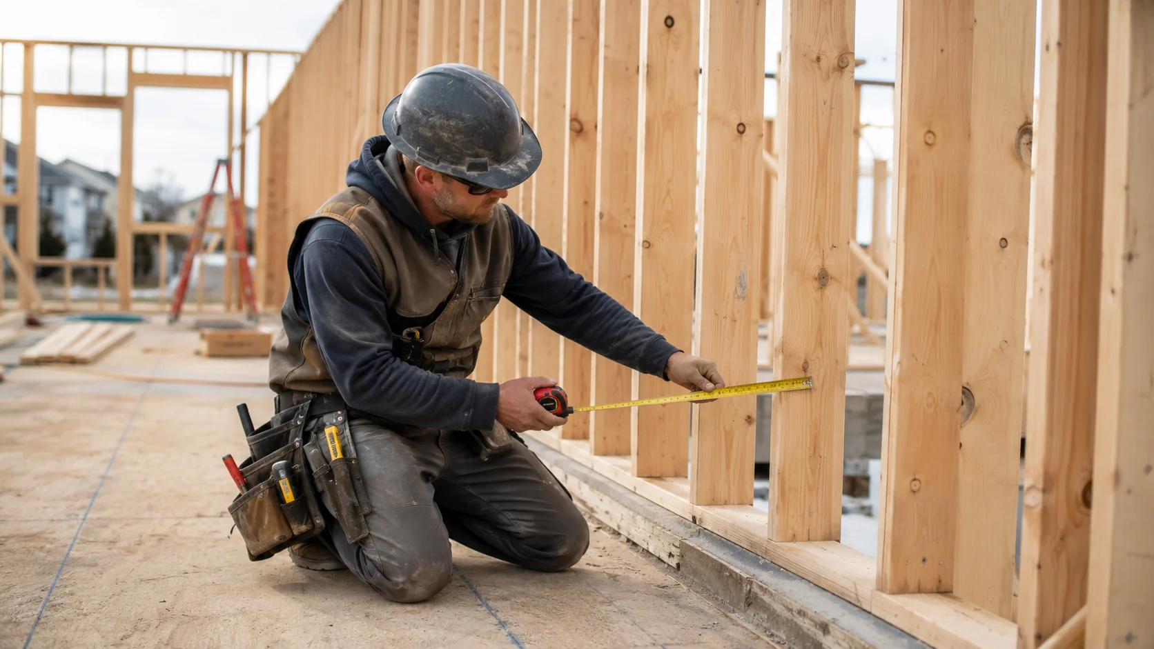 Construction worker framing a building on site