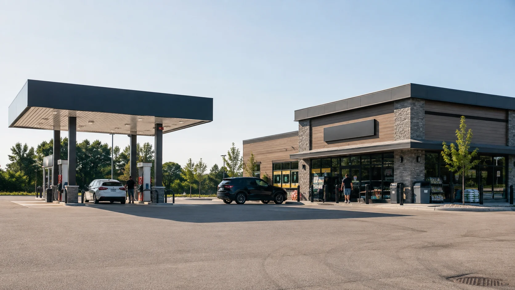 Gas station and convenience store with fuel pumps