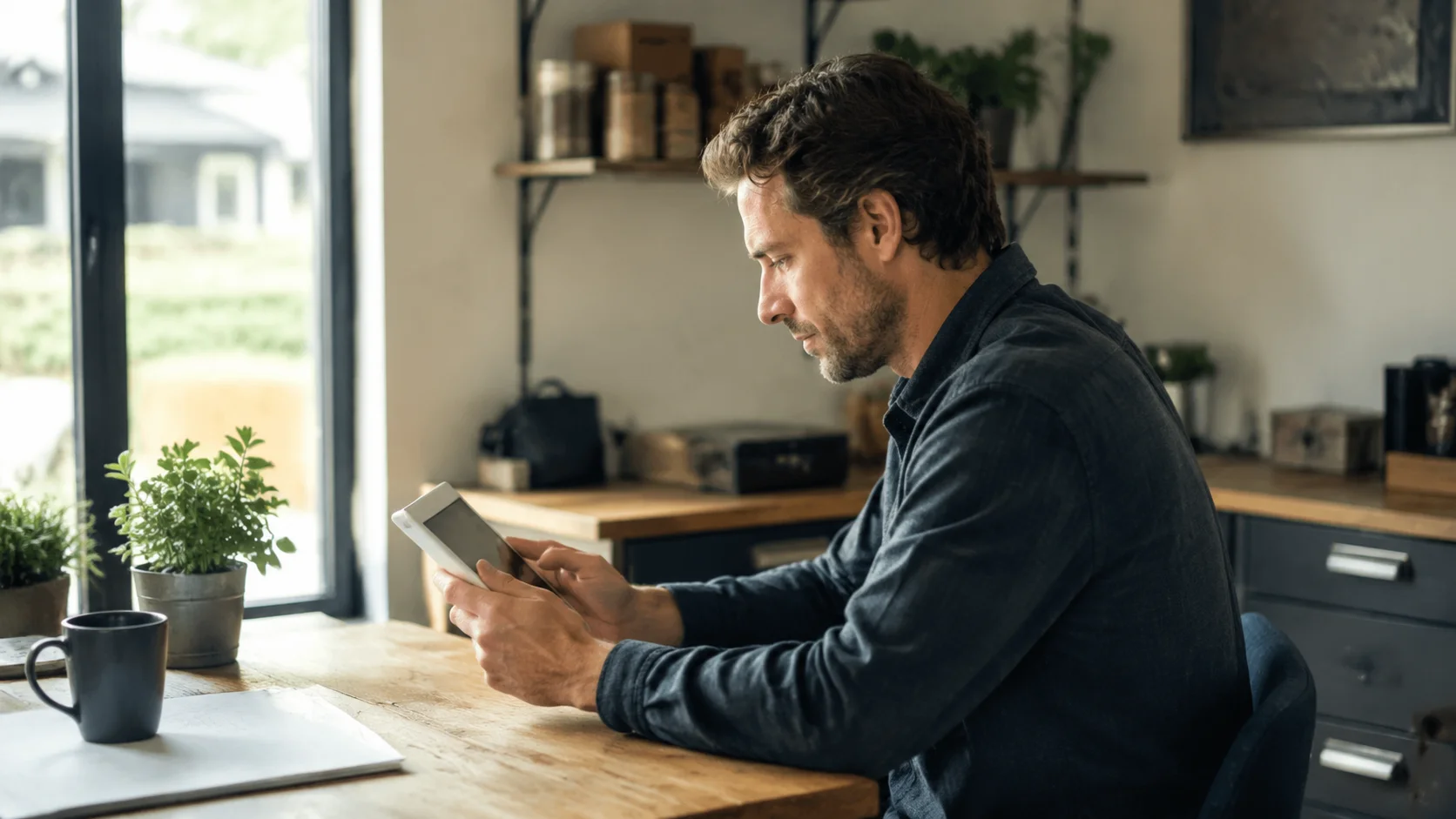 Professional reviewing financial records on a tablet in a modern workspace