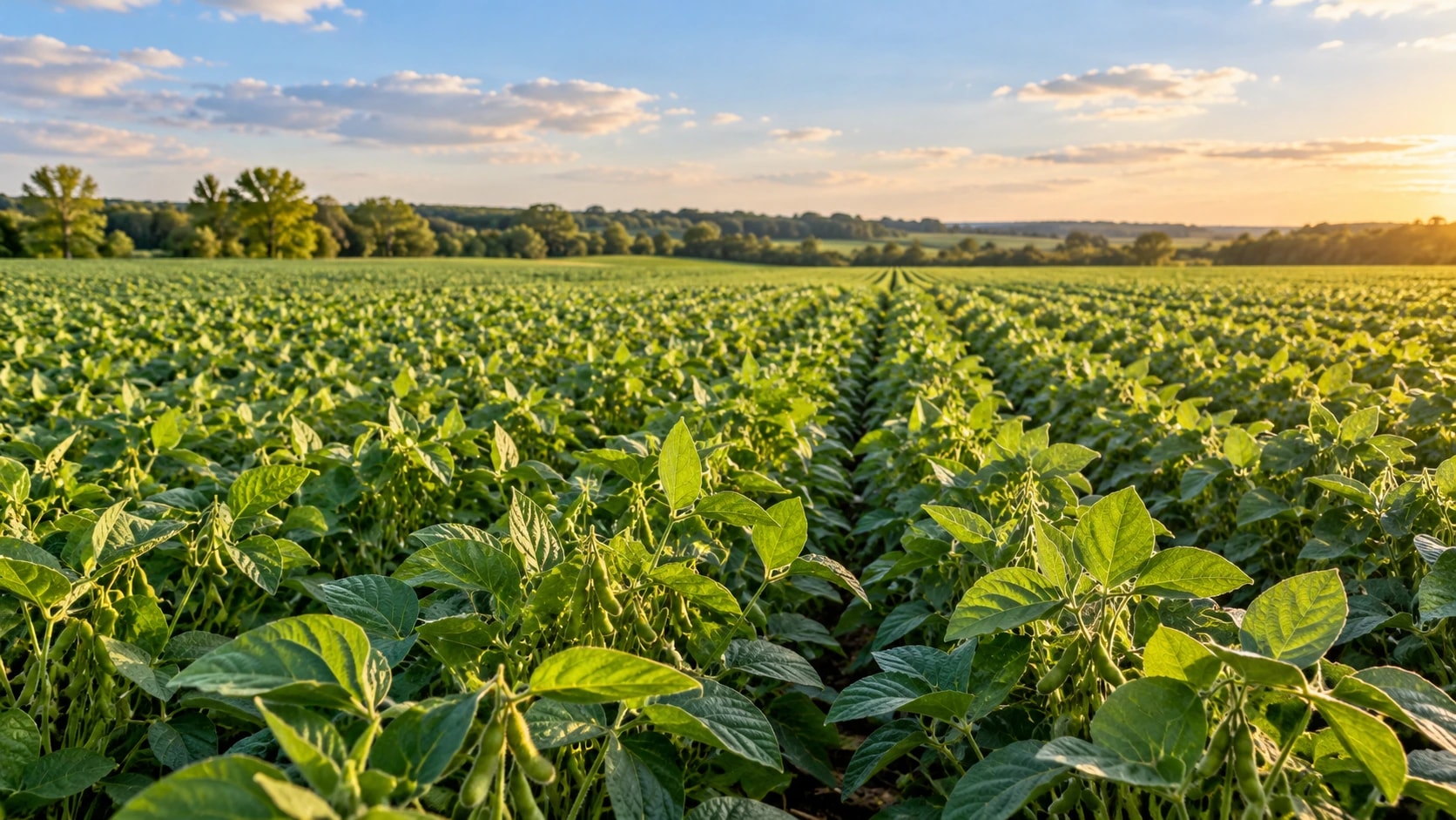 Rows of healthy soybean plants stretching toward a treeline at golden hour