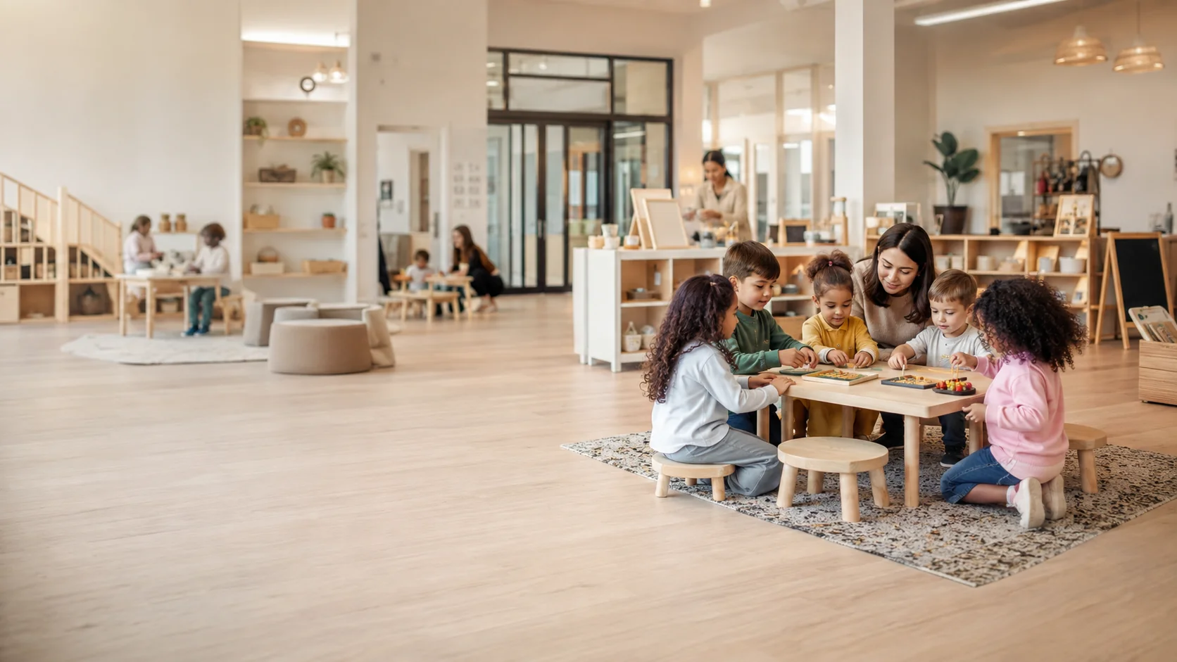 Teacher with children in a bright daycare classroom