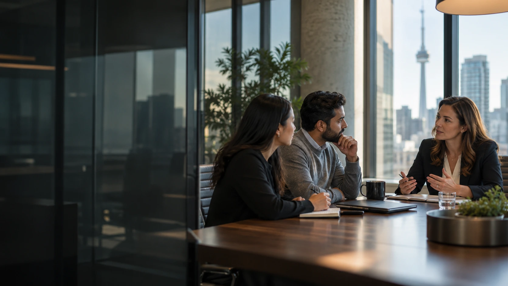 Professionals discussing workplace matters in a modern conference room