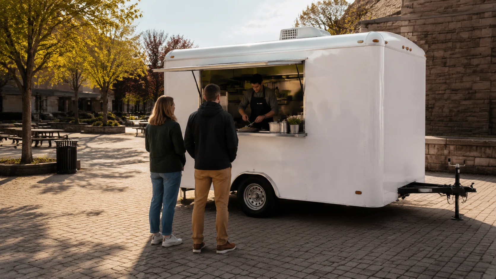 Outdoor event venue with food service and guests
