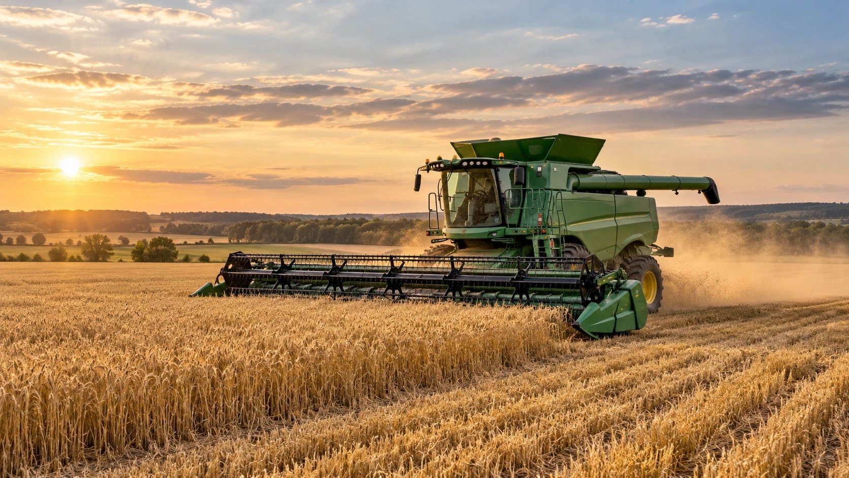 Combine harvester cutting a golden wheat field at sunset