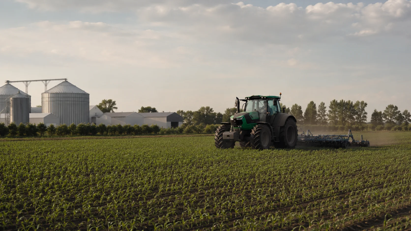 Tractor cultivating a field with farm buildings and silos