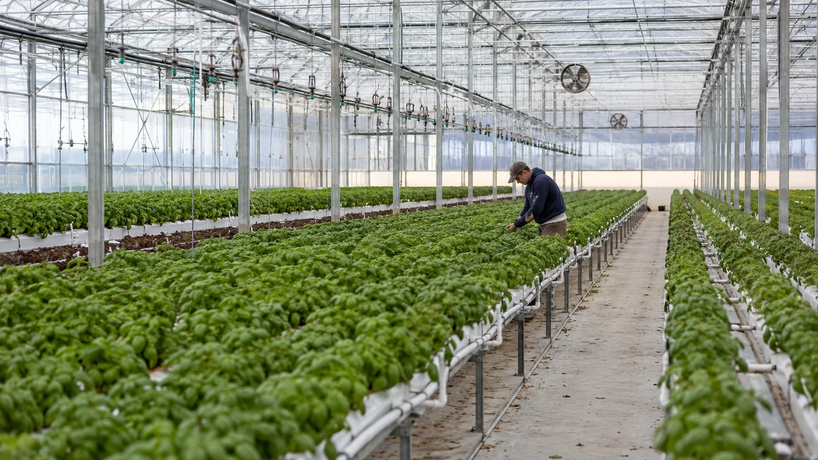 Commercial greenhouse with hydroponic herb rows