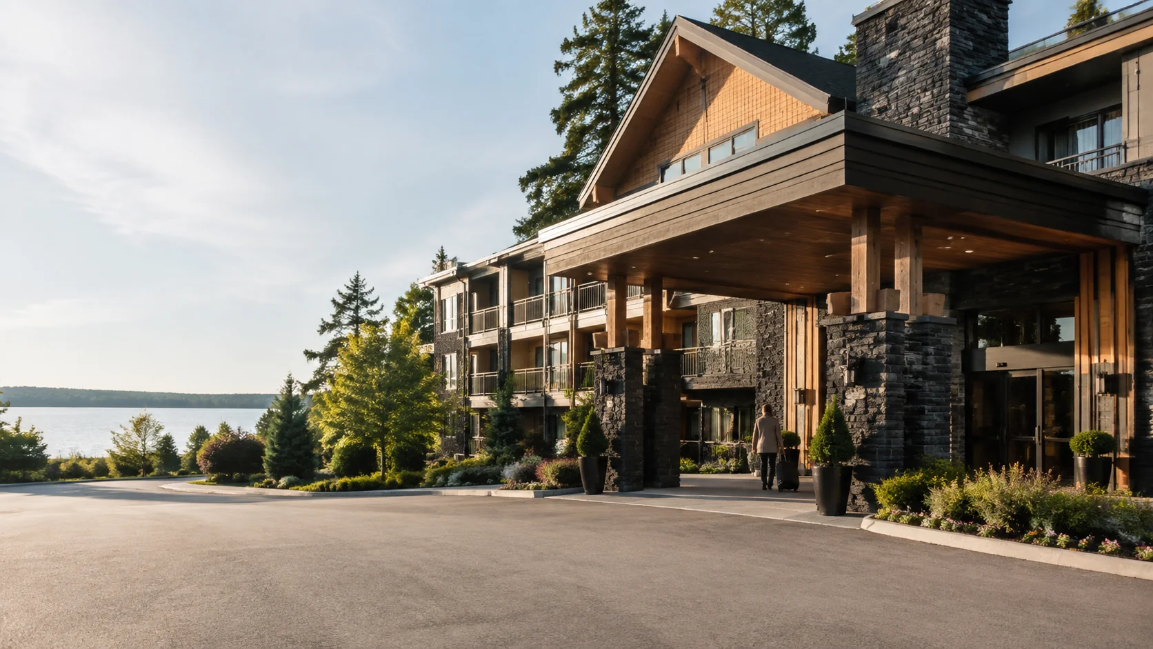 Upscale hotel entrance with guest arriving with luggage