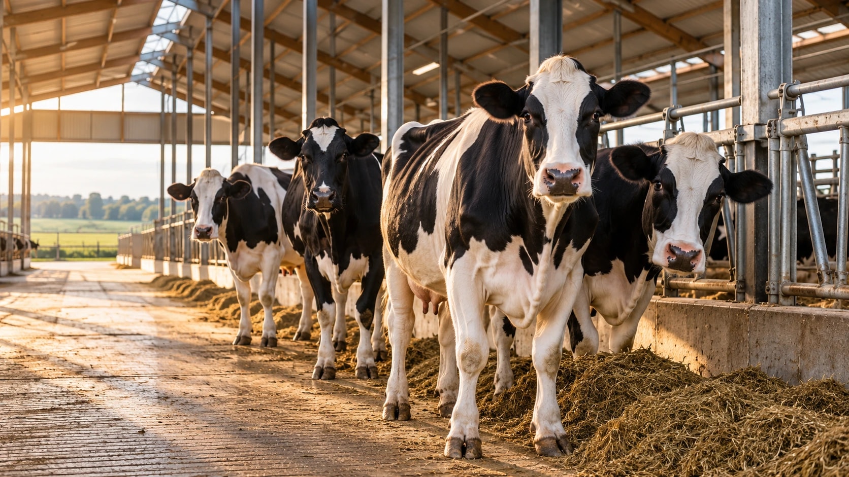 Holstein dairy cows in a modern open barn at golden hour
