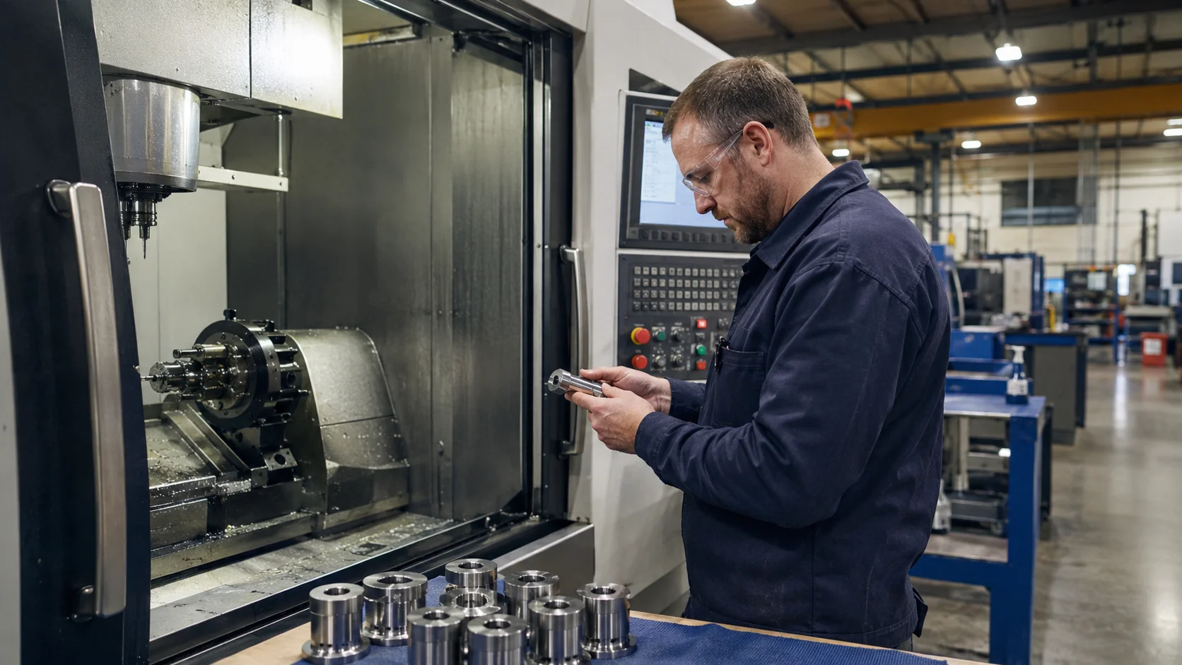 Machinist inspecting parts beside a CNC machine on the factory floor
