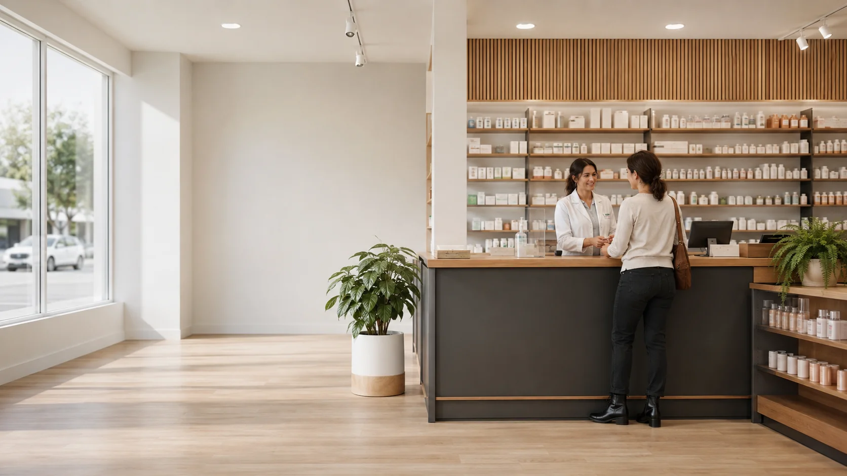 Pharmacist assisting a customer at a service counter