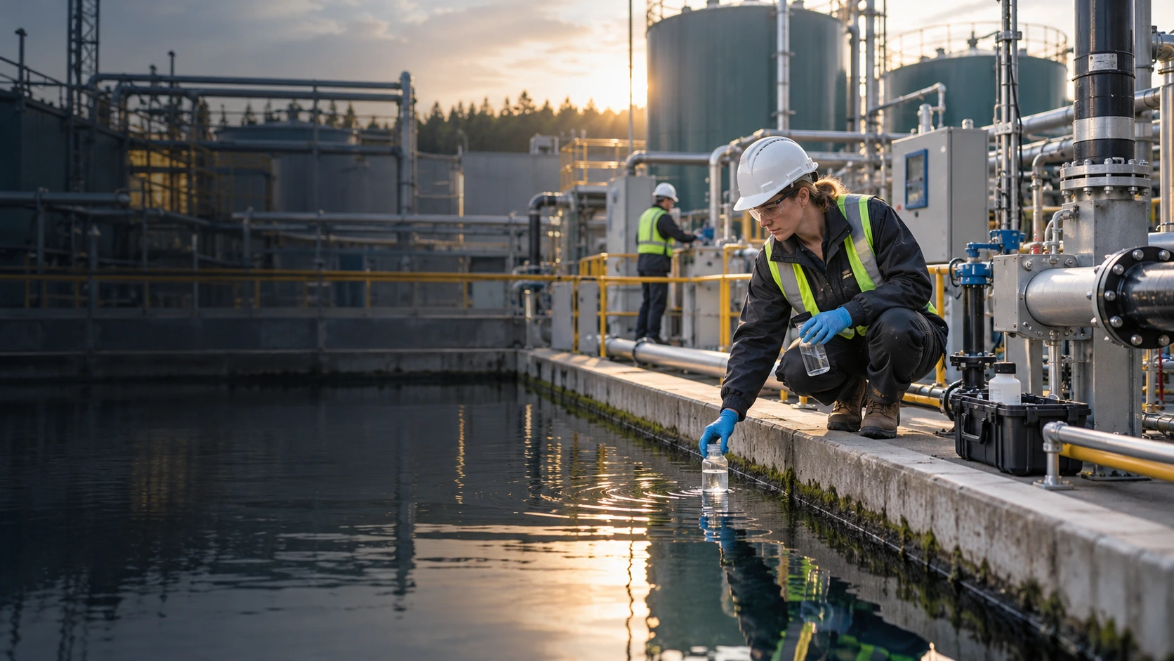 Environmental technician sampling water at an industrial treatment facility