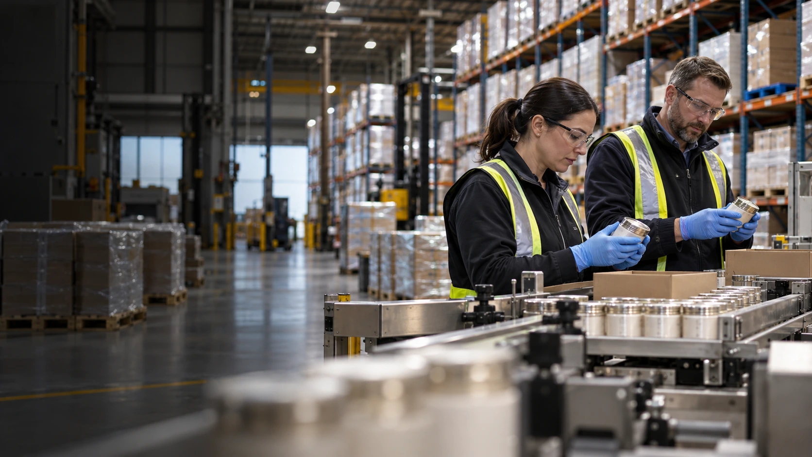 Workers inspecting packaged products on a warehouse production line