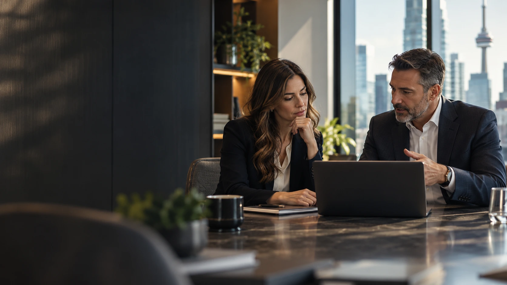 Advisor and client reviewing work together on a laptop in a modern office