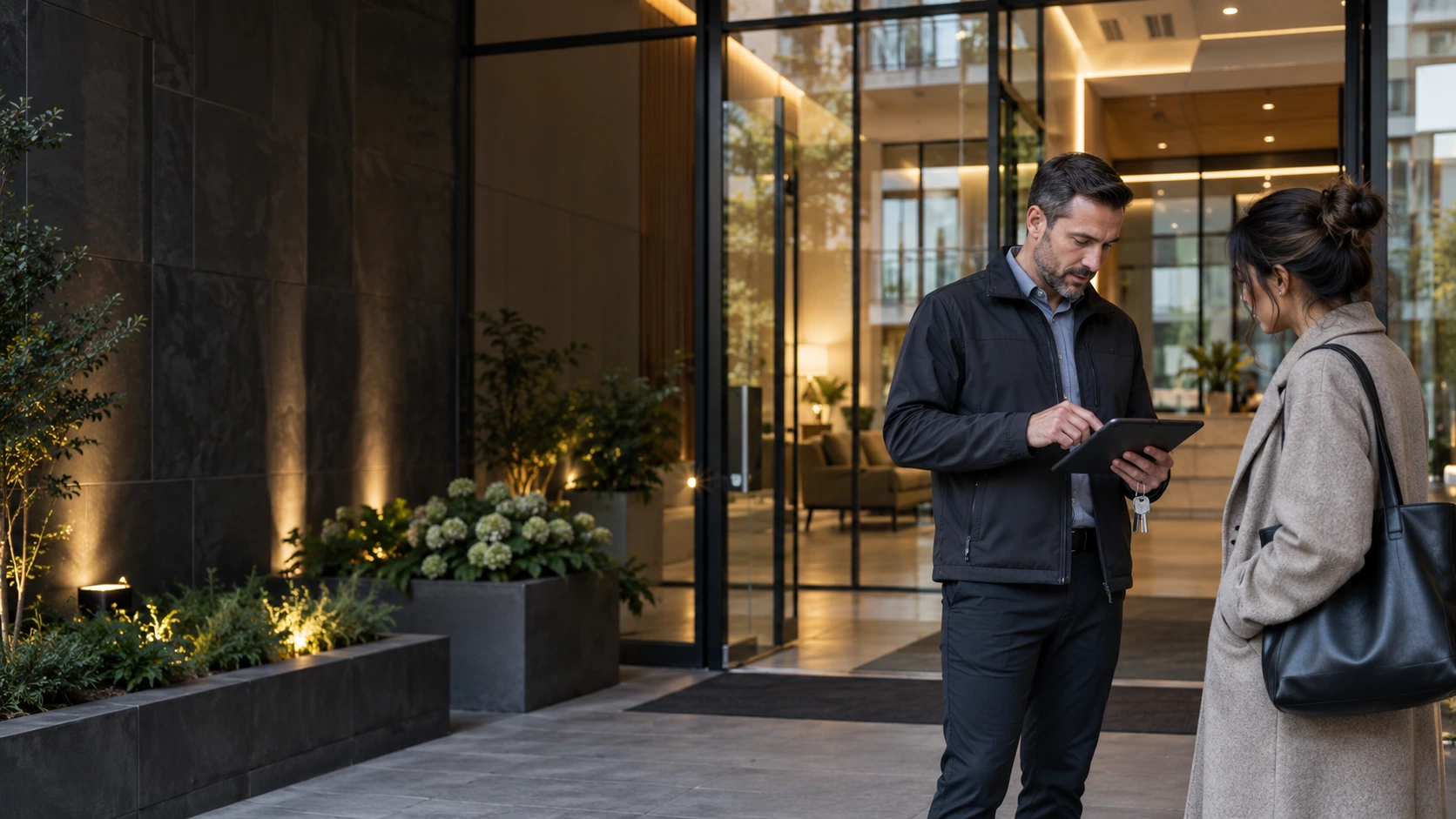Property manager with tablet and keys meeting a client at a building entrance