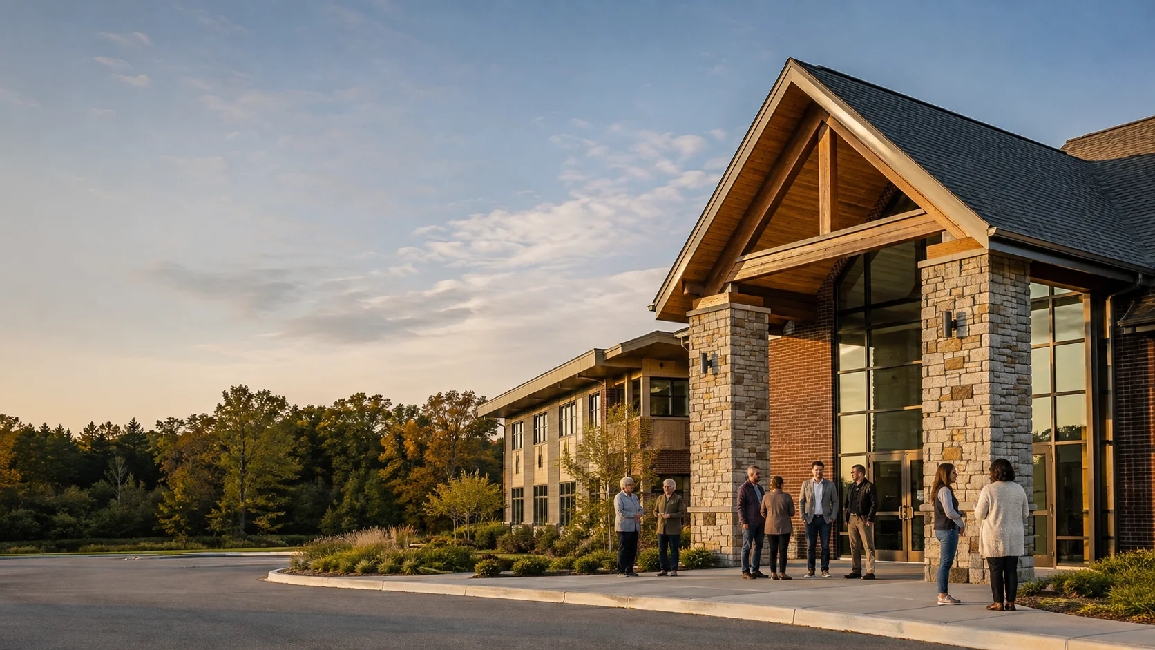 Community gathering outside a modern church building
