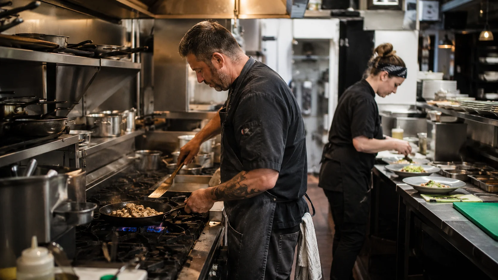 Chefs preparing food in a busy commercial kitchen