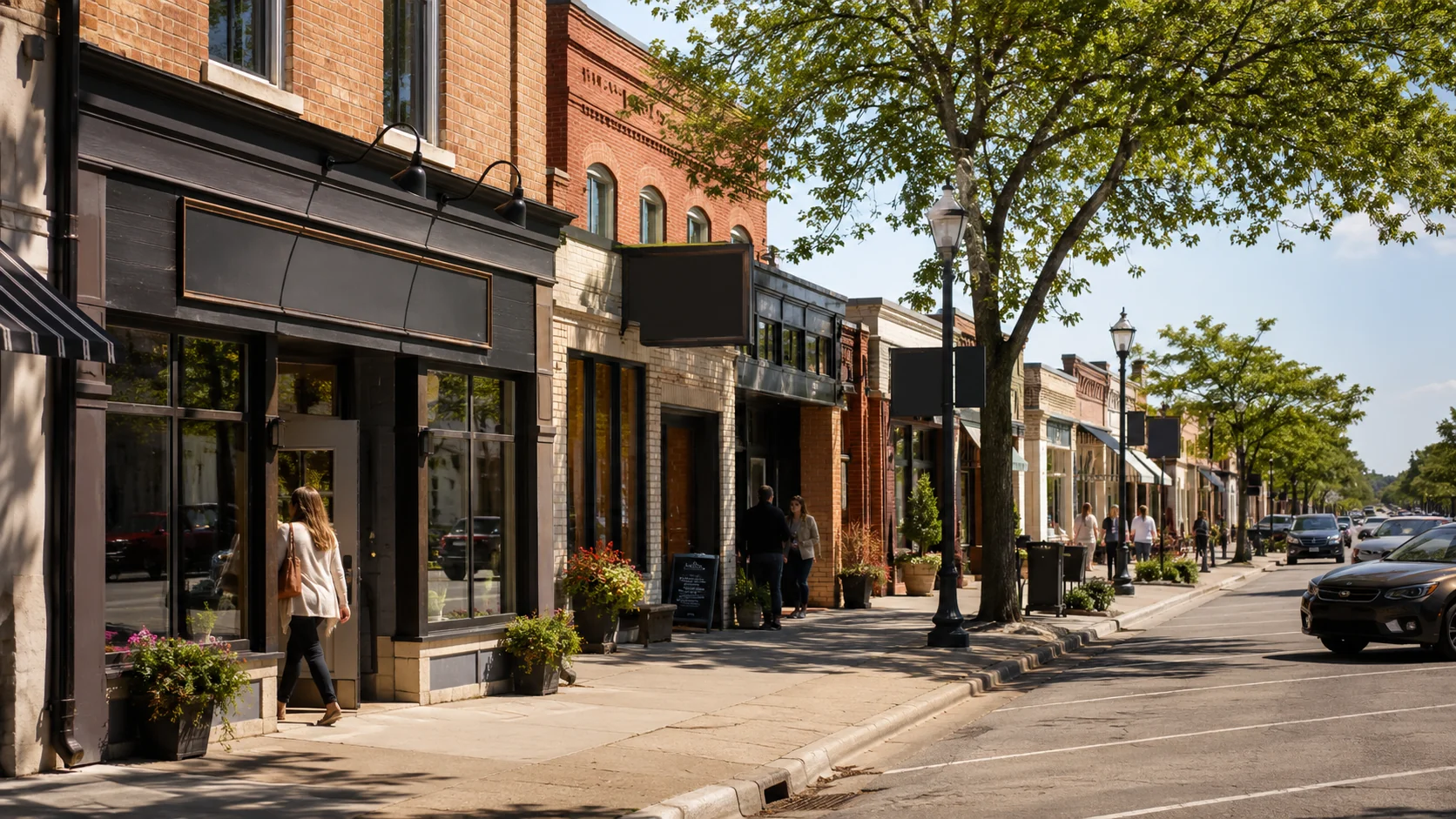 Downtown main-street retail storefronts on a sunny day