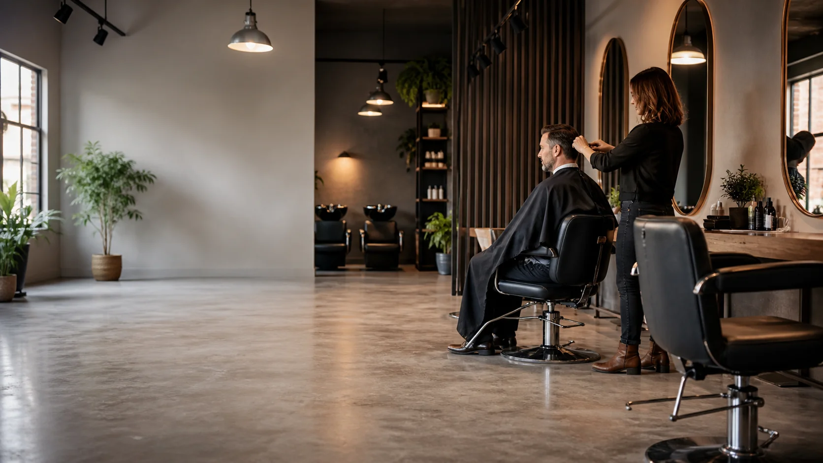 Stylist cutting a client's hair in a modern salon