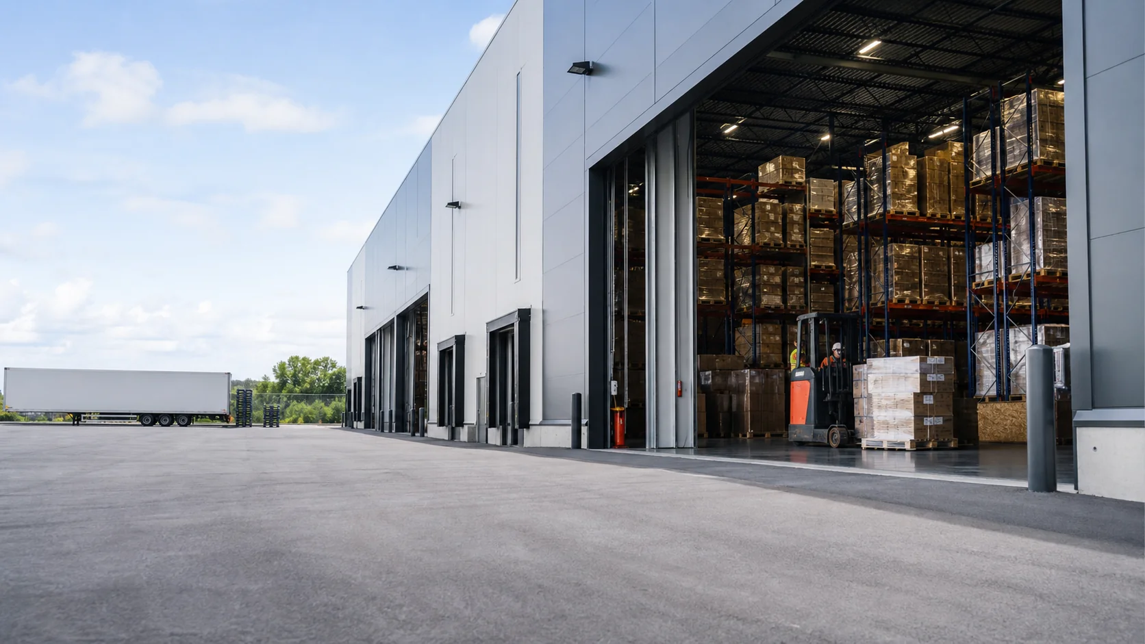 Warehouse loading bay with forklift and pallet storage
