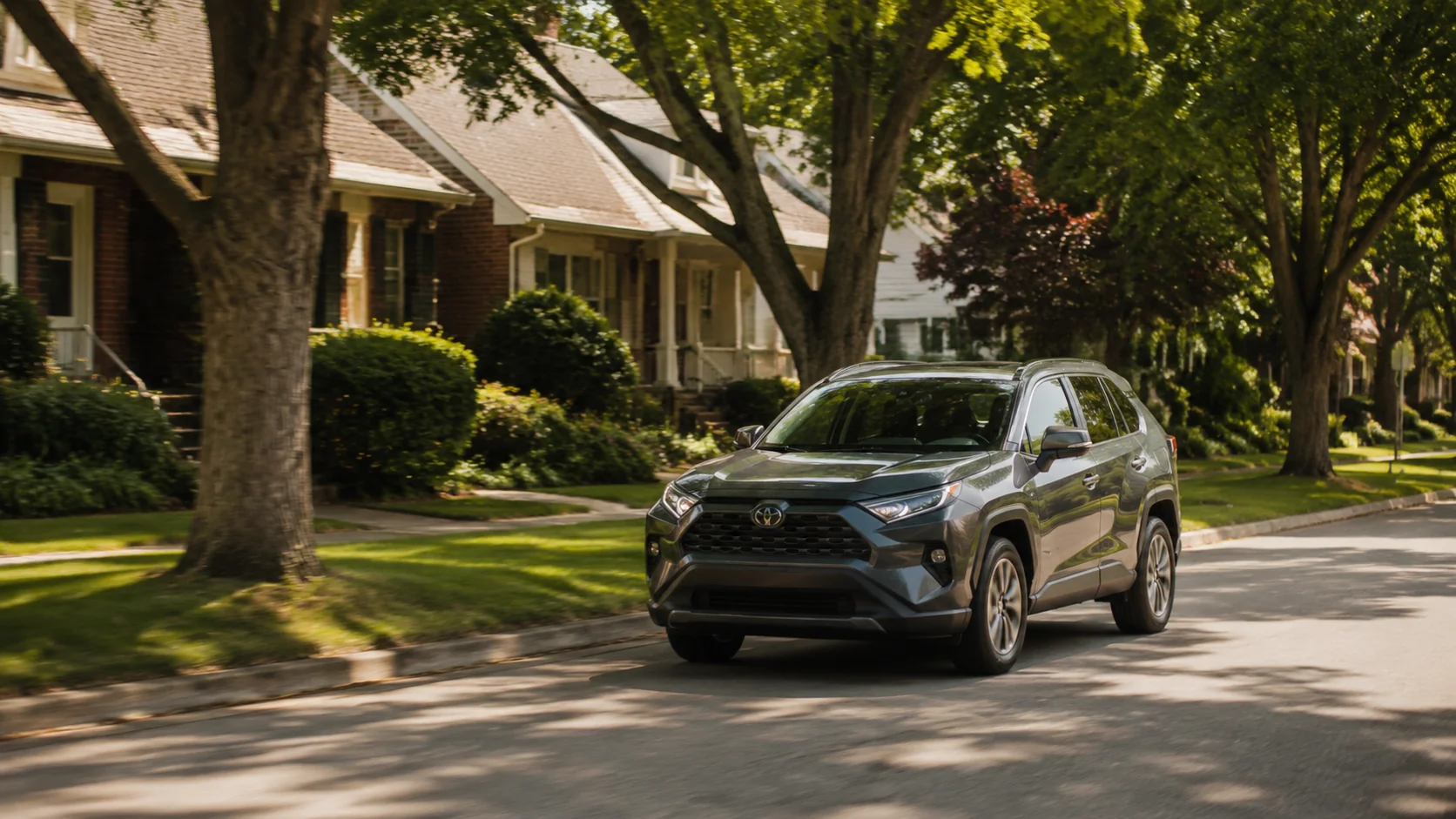 SUV driving through a quiet suburban neighbourhood