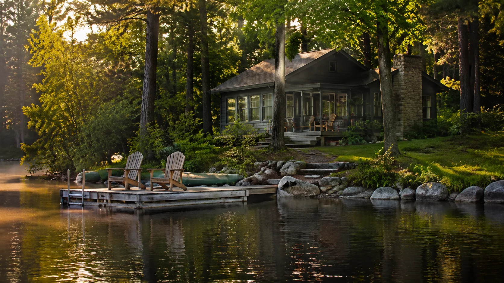 Rustic lakeside cottage with dock and forest backdrop