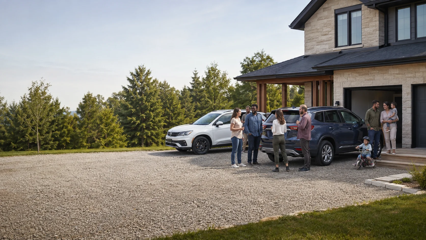Families gathered with vehicles outside a modern home