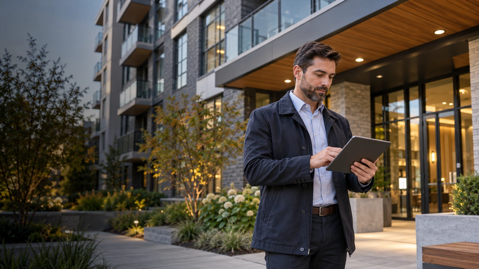 Property owner standing in front of rental building