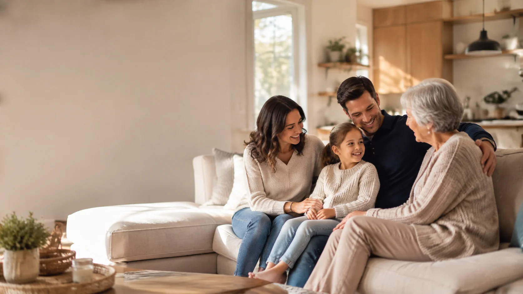 Multi-generational family together in a bright living room