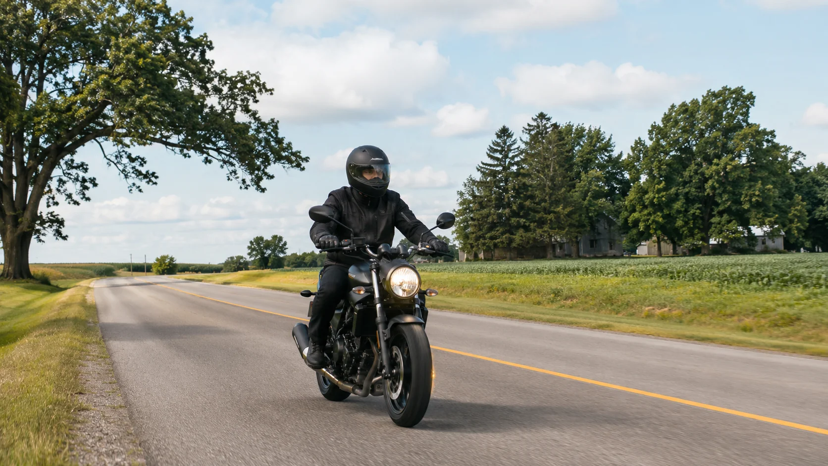 Motorcyclist riding on a rural road past farmland