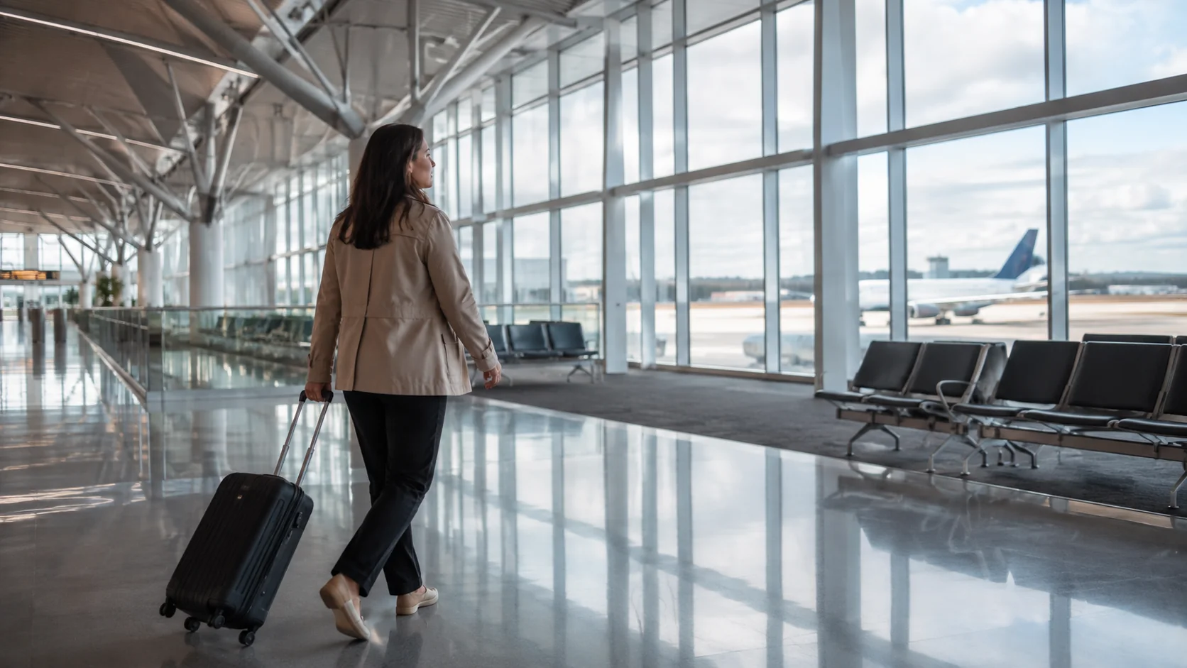 Traveller with luggage in a bright airport terminal