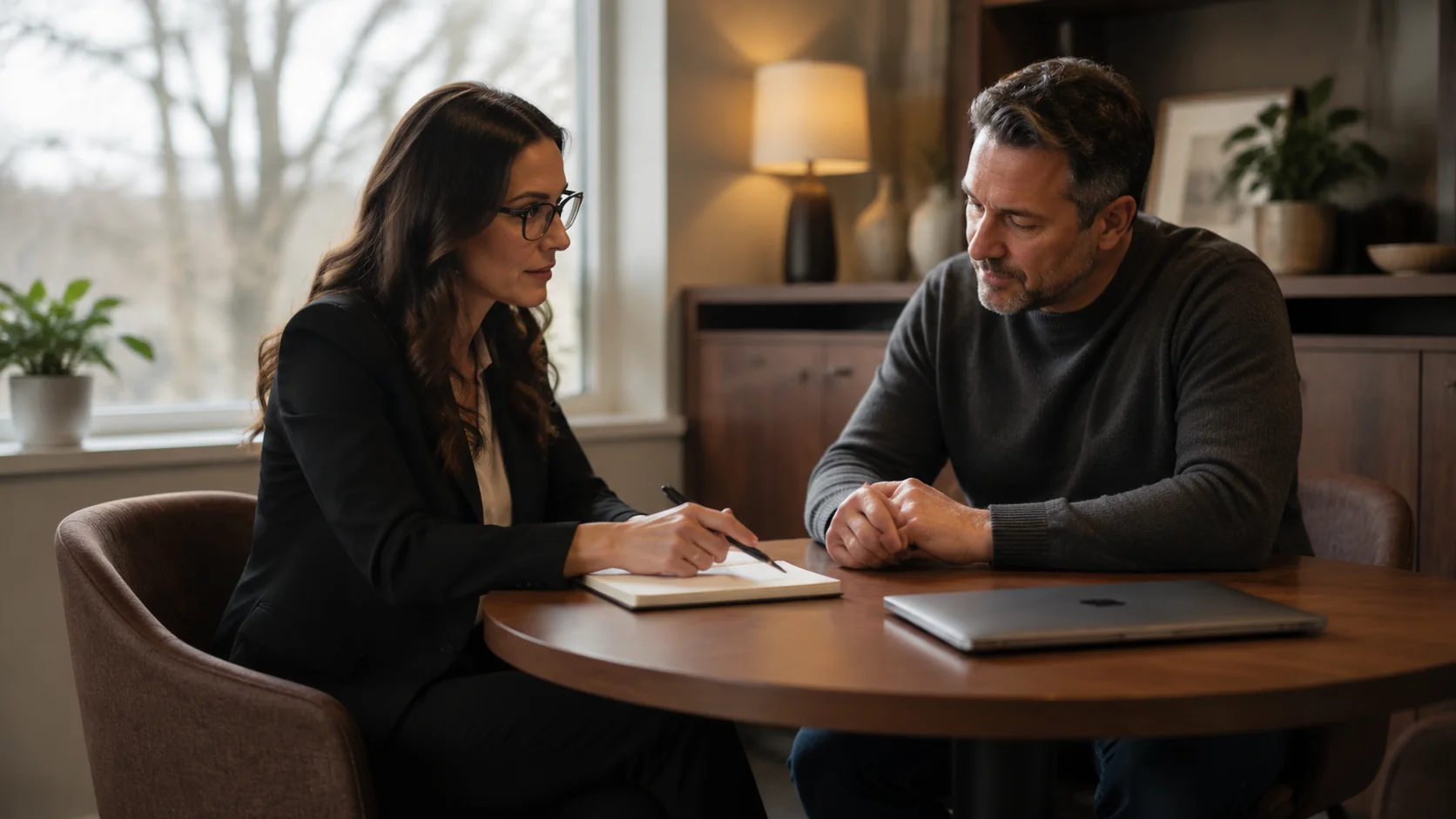 Broker meeting with a client in a professional office